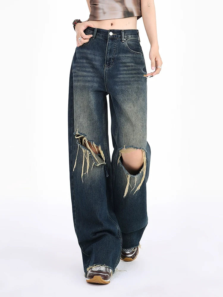 Distressed Raw Hem Dark Wide Leg Jeans
