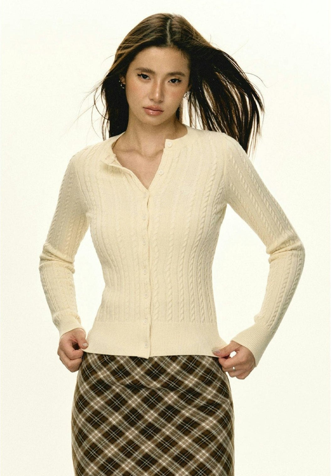 Button Cable Knit Cropped Cardigan