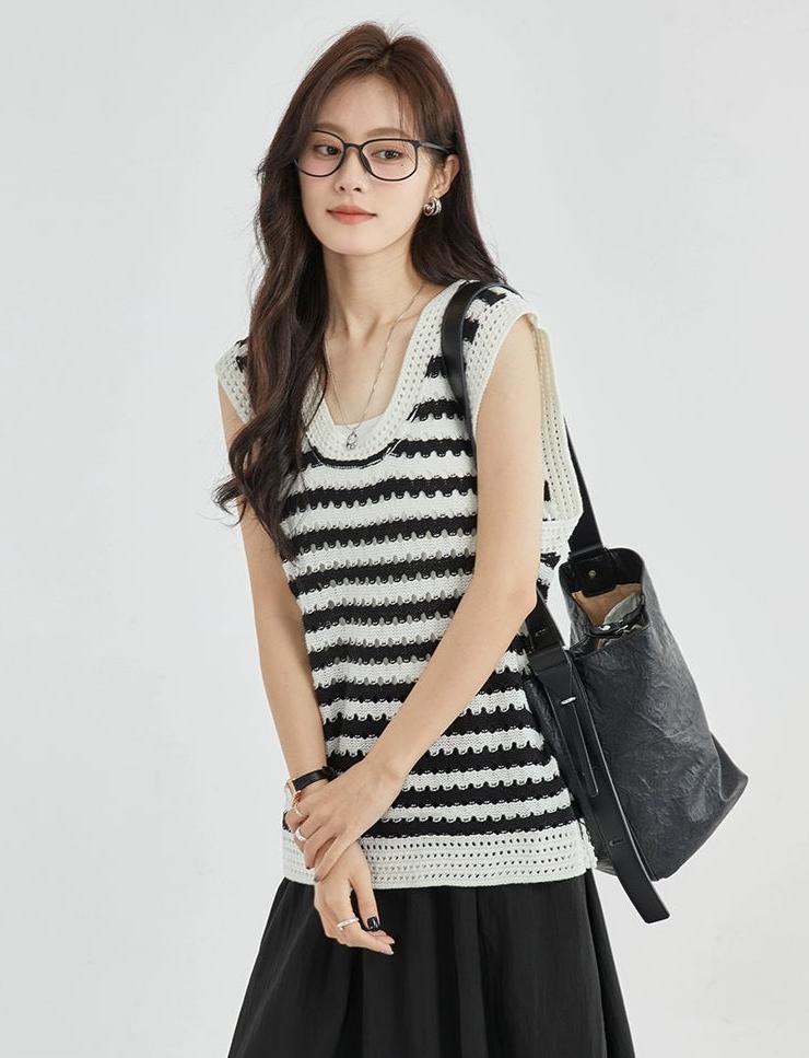 Striped Crochet Sleeveless Knit Top