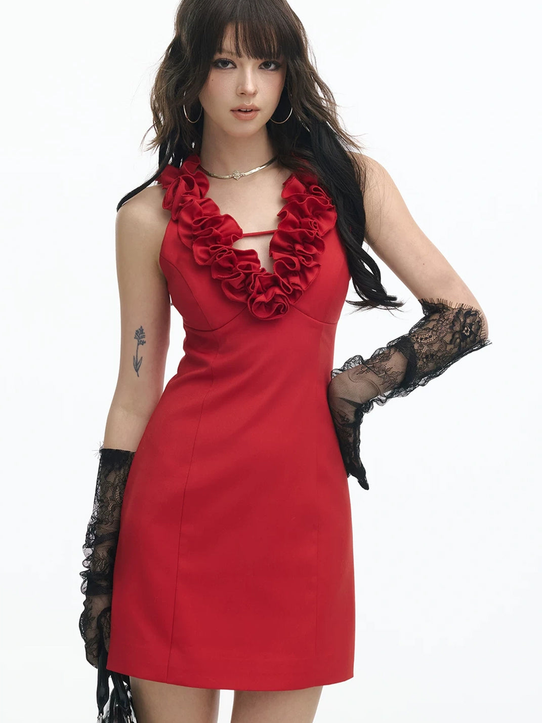 Crimson Rosette-Neck Tailored Mini Dress - view 1