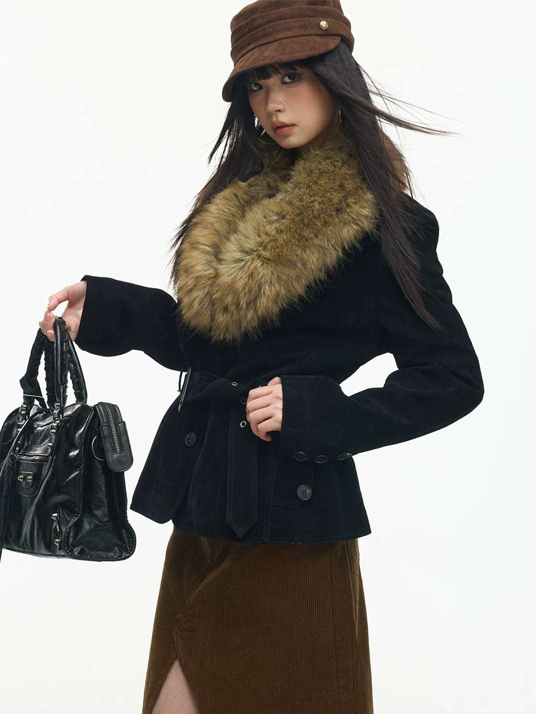 Black Cinched Jacket with Statement Faux-Fur Collar - view 3