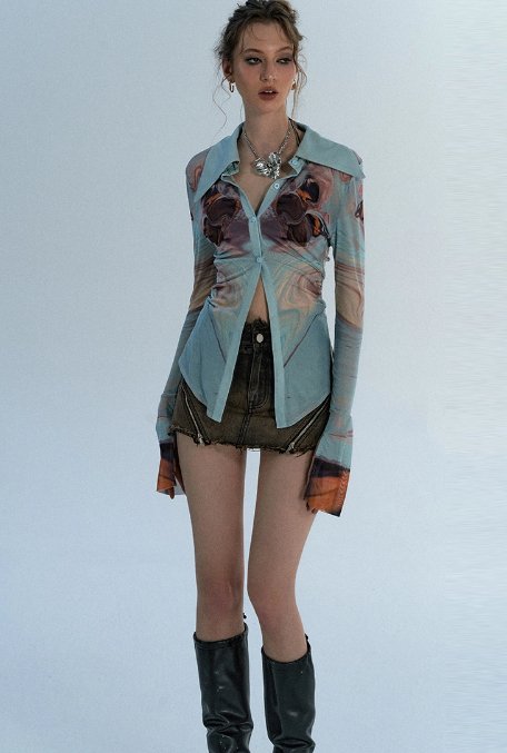 Contrast Summer Color Paint Slim Shirt - chiclara