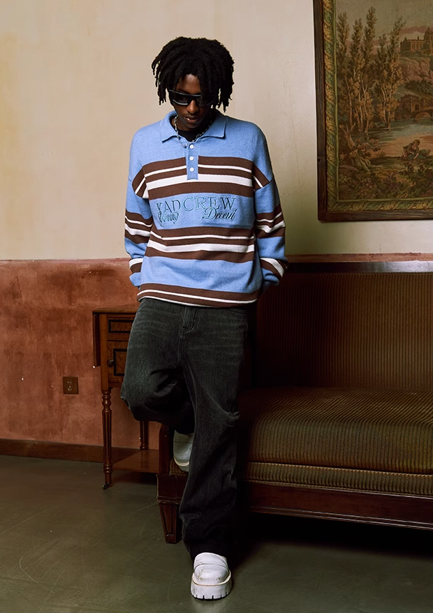 Classic Striped Polo Neck Knit Sweater - chiclara