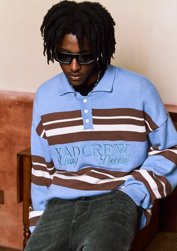 Classic Striped Polo Neck Knit Sweater - chiclara