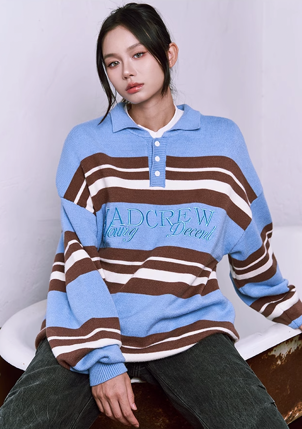 Classic Striped Polo Neck Knit Sweater - chiclara