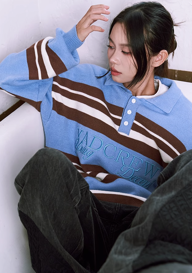 Classic Striped Polo Neck Knit Sweater - chiclara