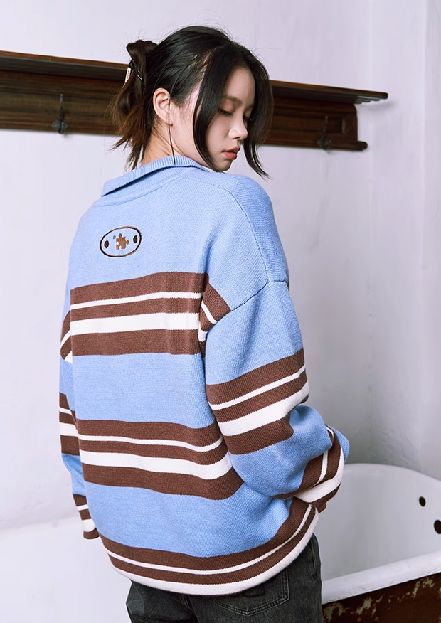 Classic Striped Polo Neck Knit Sweater - chiclara