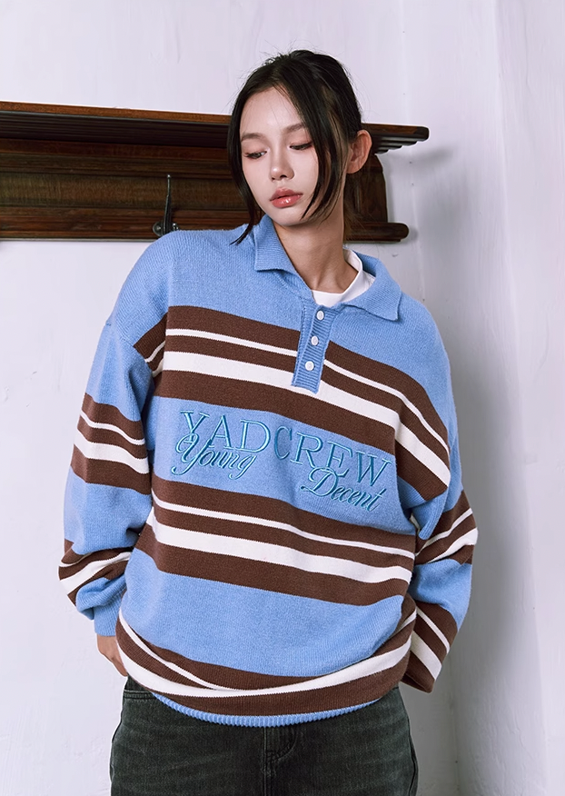 Classic Striped Polo Neck Knit Sweater - chiclara