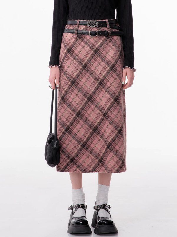 Falda midi de tartán rosa