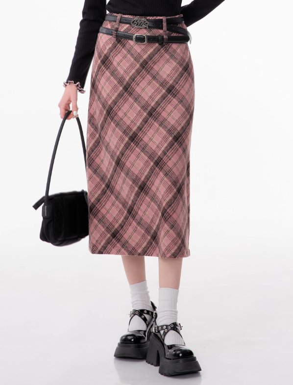 Falda midi de tartán rosa