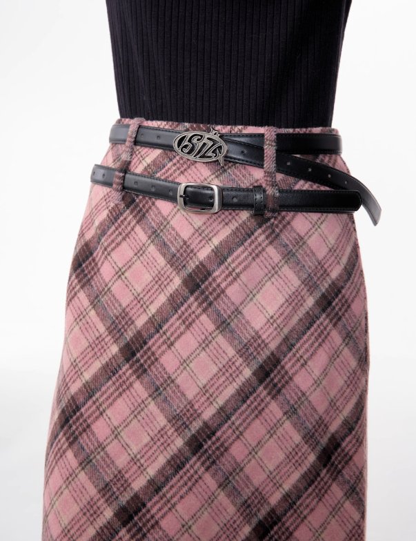 Falda midi de tartán rosa