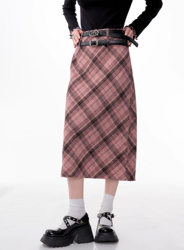 Falda midi de tartán rosa