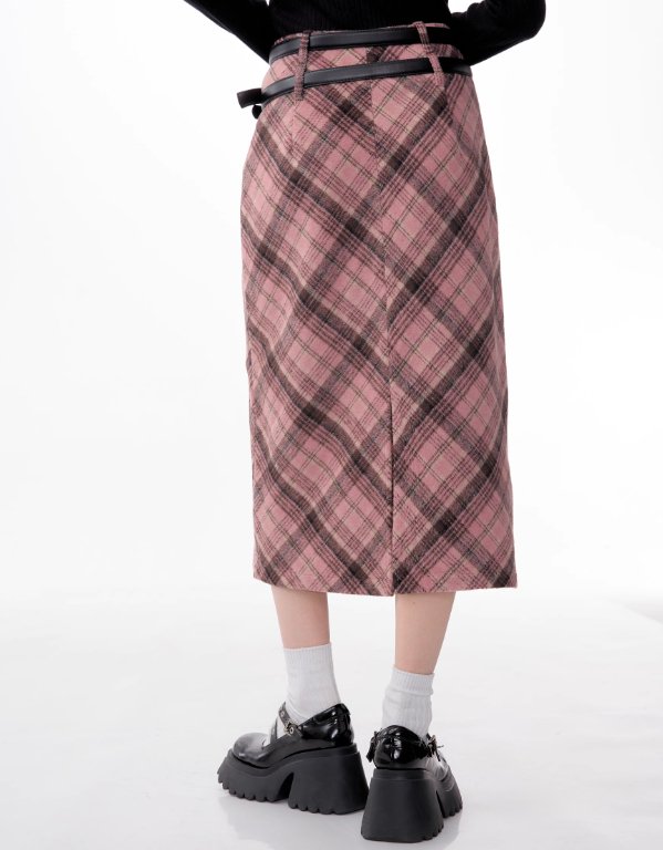 Falda midi de tartán rosa