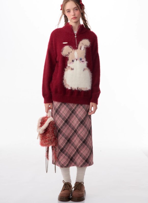 Falda midi de tartán rosa