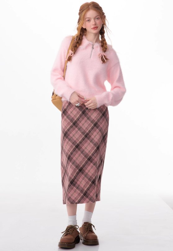 Falda midi de tartán rosa