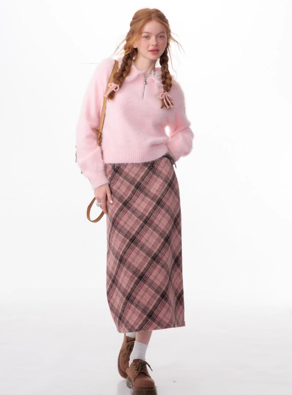 Falda midi de tartán rosa