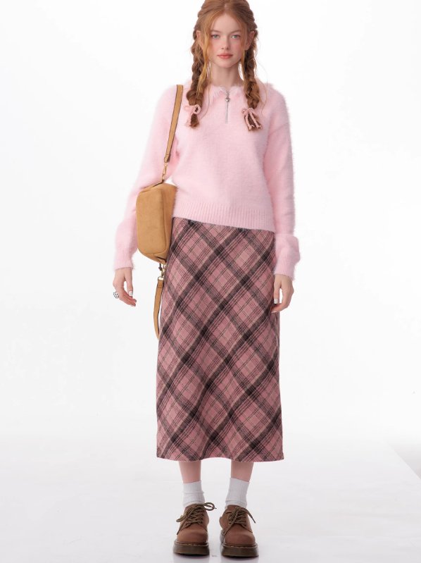 Falda midi de tartán rosa