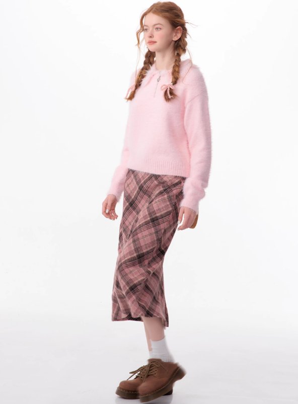 Falda midi de tartán rosa