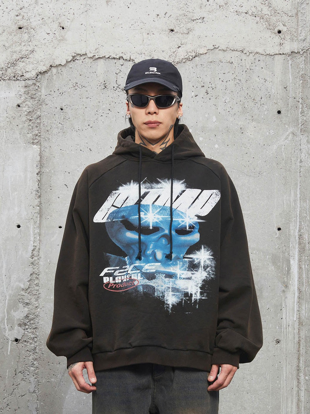 외계인 그래픽 후드 티셔츠