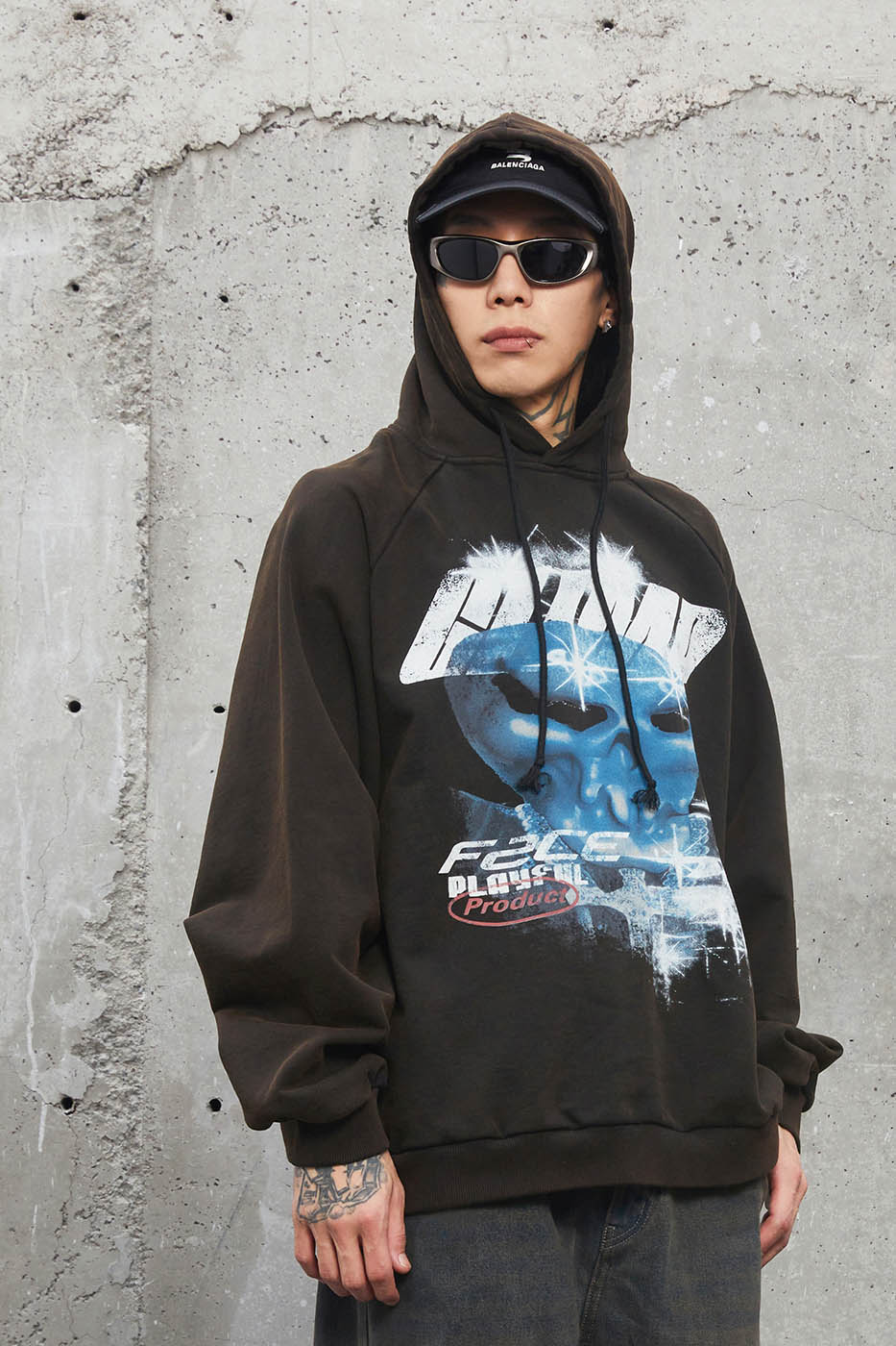 외계인 그래픽 후드 티셔츠