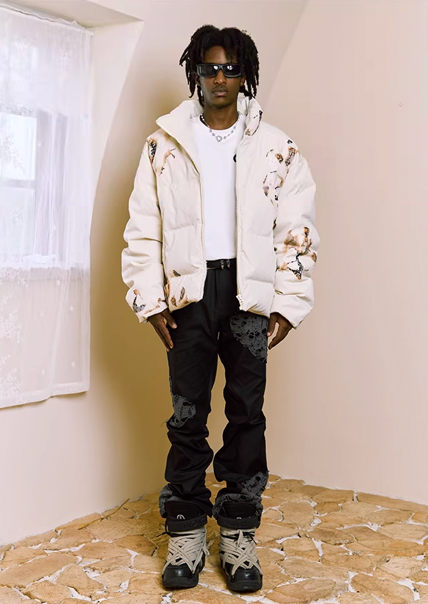 Edgy Flame Lace Detailed Short Down Jacket - chiclara