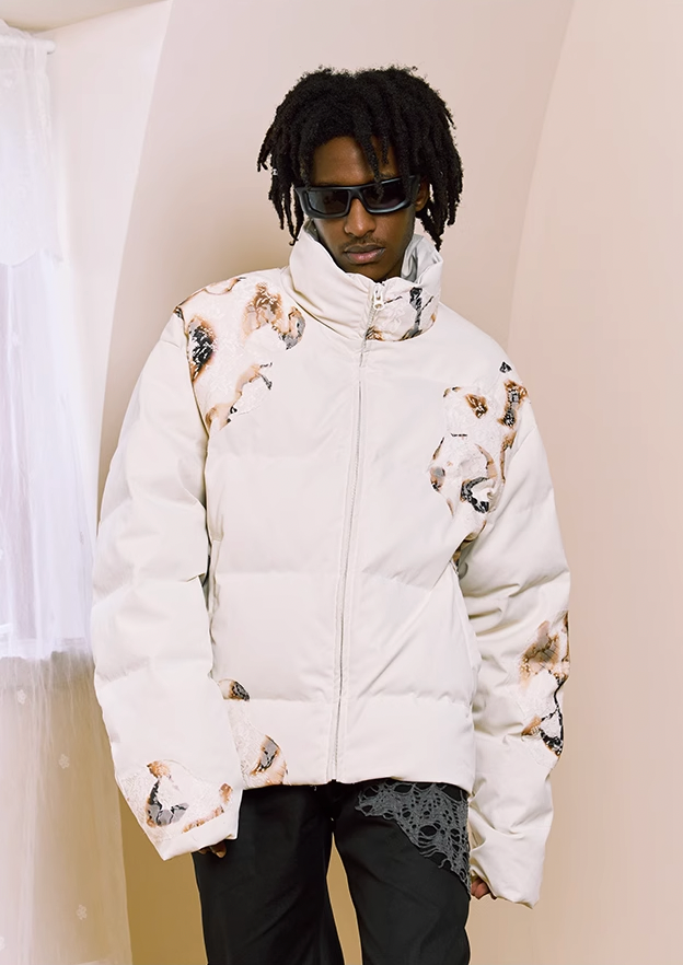 Edgy Flame Lace Detailed Short Down Jacket - chiclara