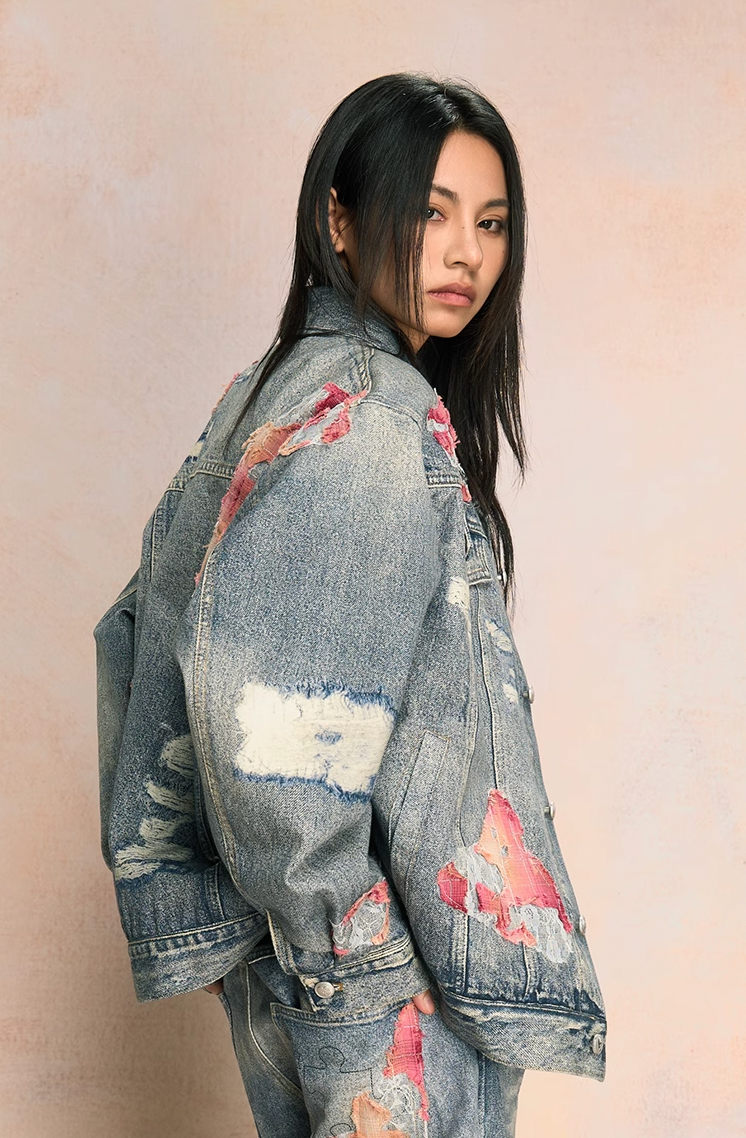 Elegant Evening Lace Printed Patchwork Denim Jacket - chiclara