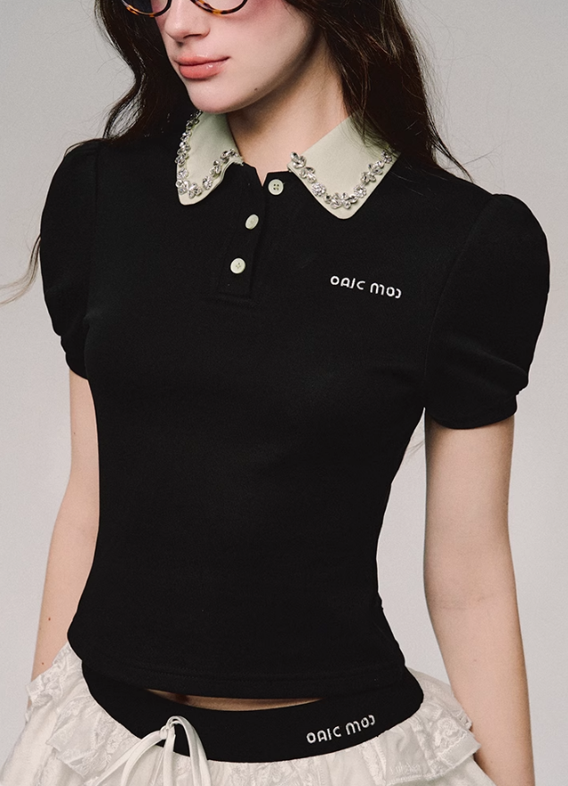 Top de polo de cuello de encaje
