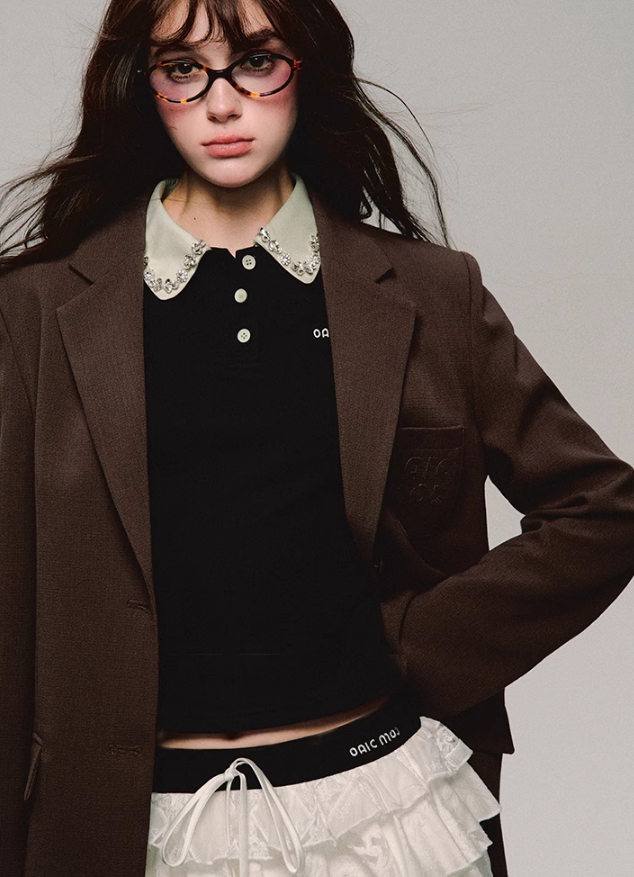 Top de polo de cuello de encaje