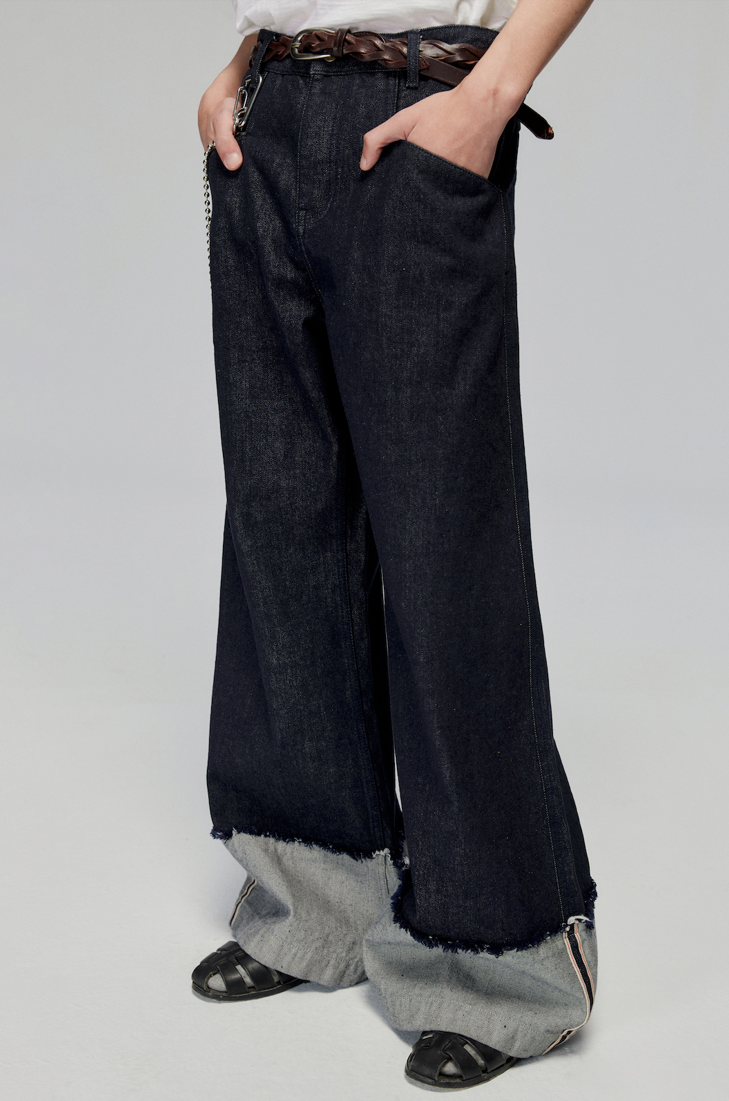Denim Wide Leg Cuffed Jeans