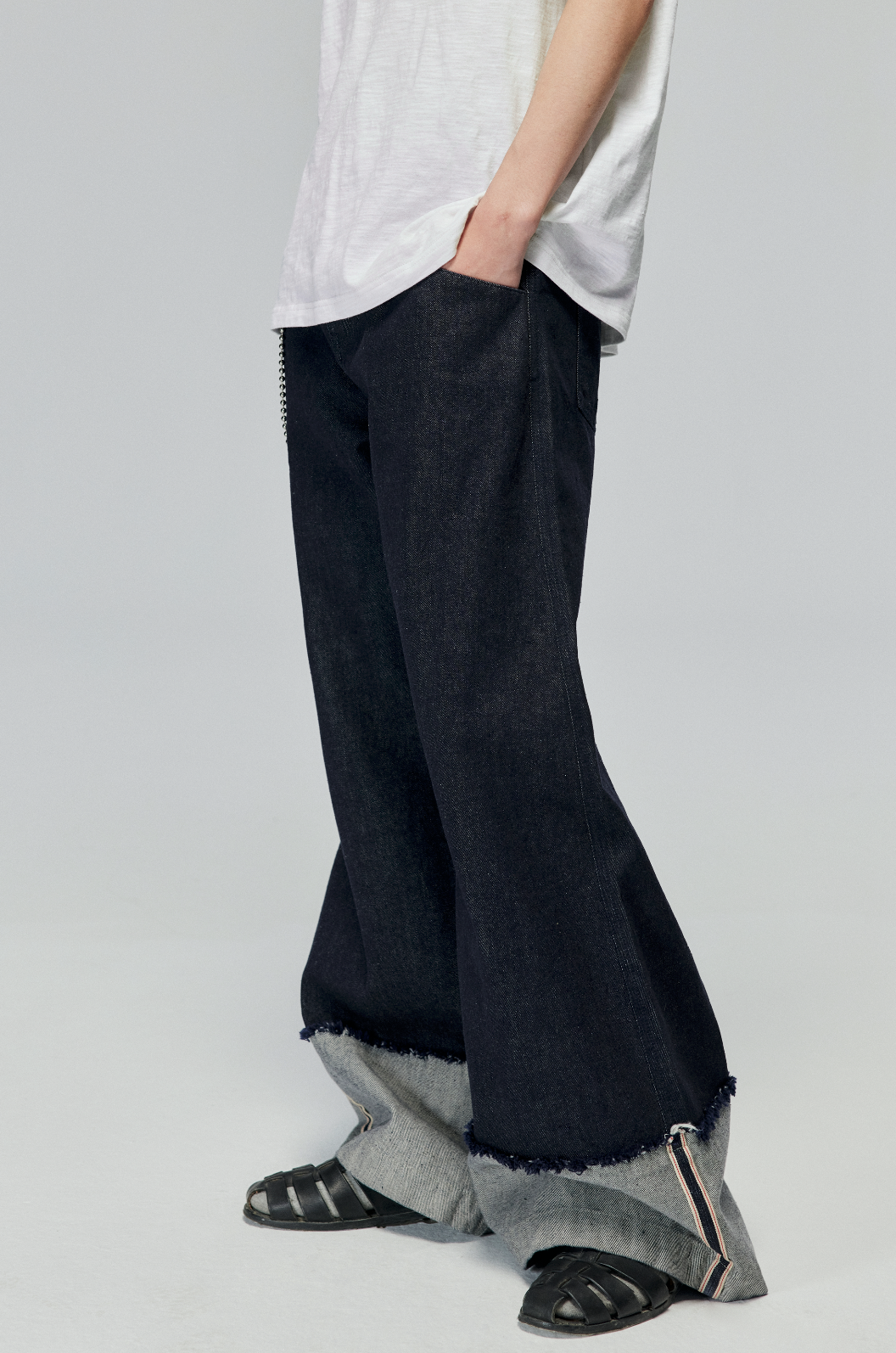 Denim Wide Leg Cuffed Jeans