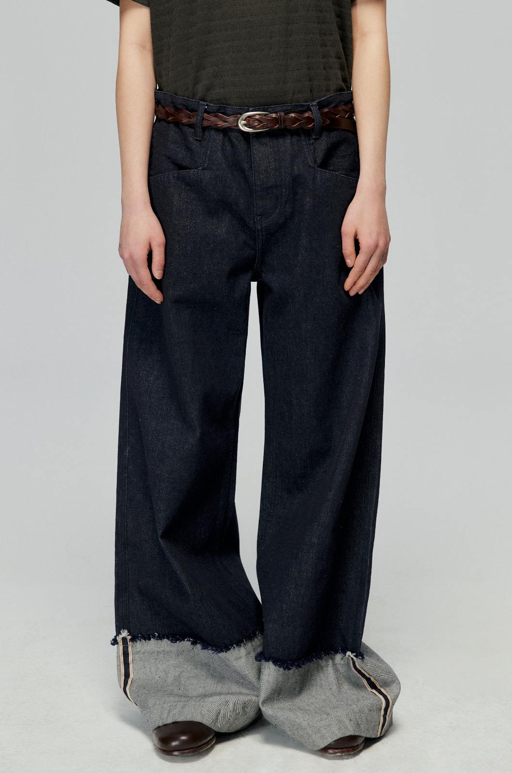 Denim Wide Leg Cuffed Jeans