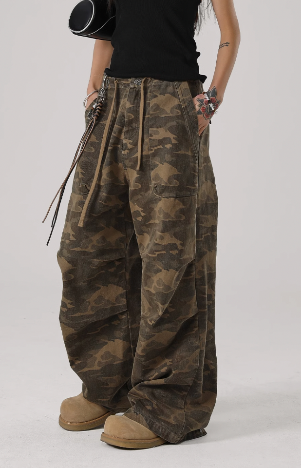 Camouflage Pleated Paratrooper Work Pants - chiclara