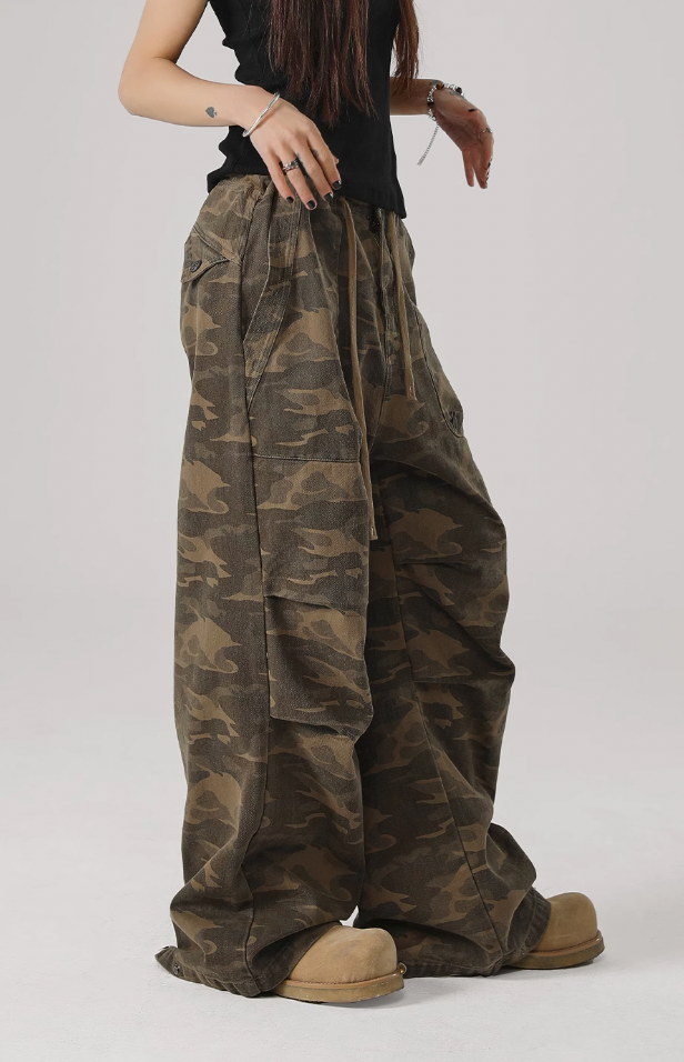 Camouflage Pleated Paratrooper Work Pants - chiclara