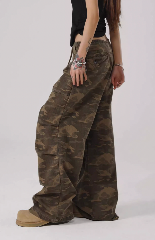 Camouflage Pleated Paratrooper Work Pants - chiclara