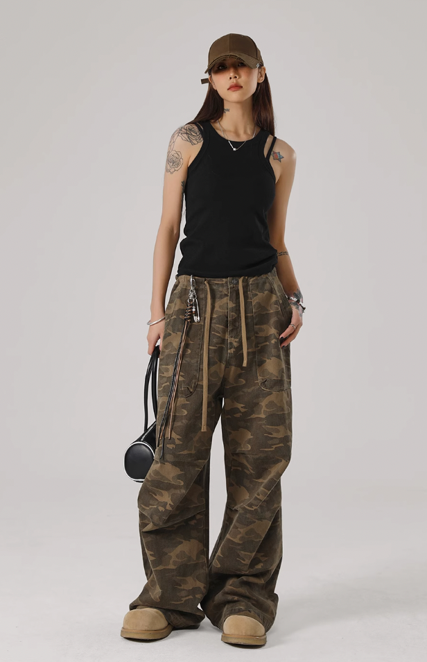 Camouflage Pleated Paratrooper Work Pants - chiclara