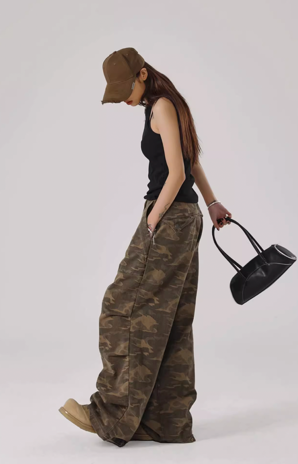 Camouflage Pleated Paratrooper Work Pants - chiclara