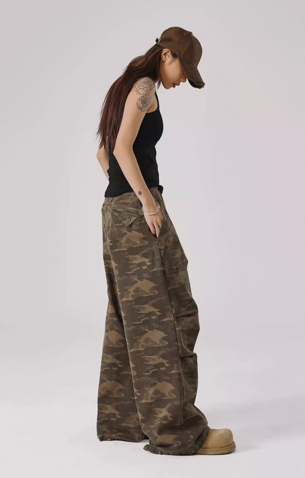 Camouflage Pleated Paratrooper Work Pants - chiclara