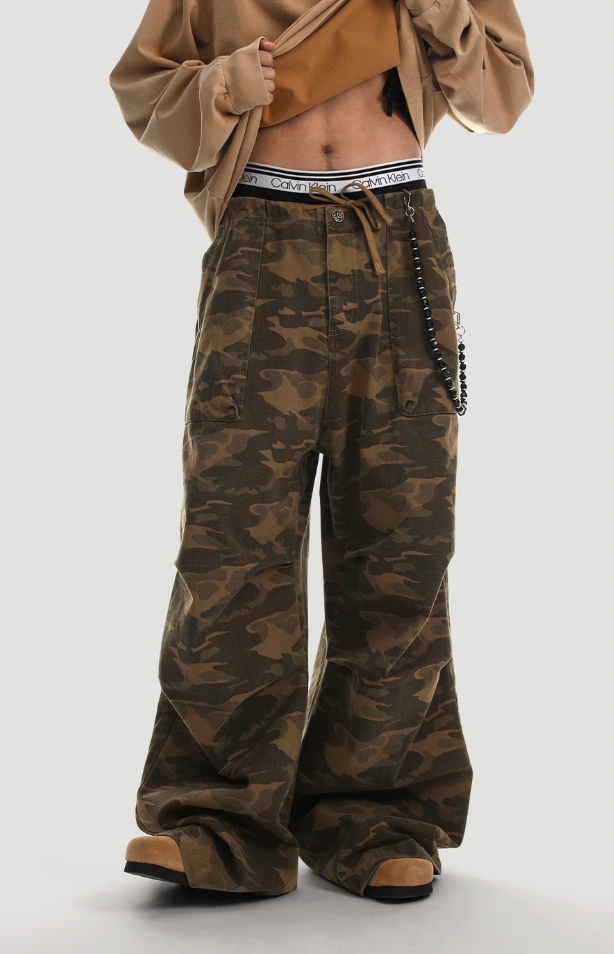 Camouflage Pleated Paratrooper Work Pants - chiclara