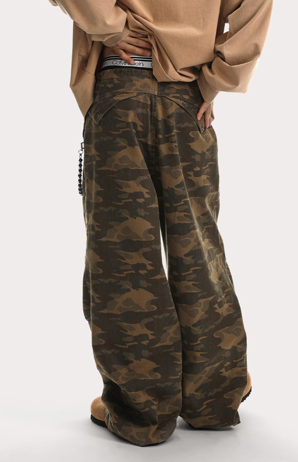 Camouflage Pleated Paratrooper Work Pants - chiclara