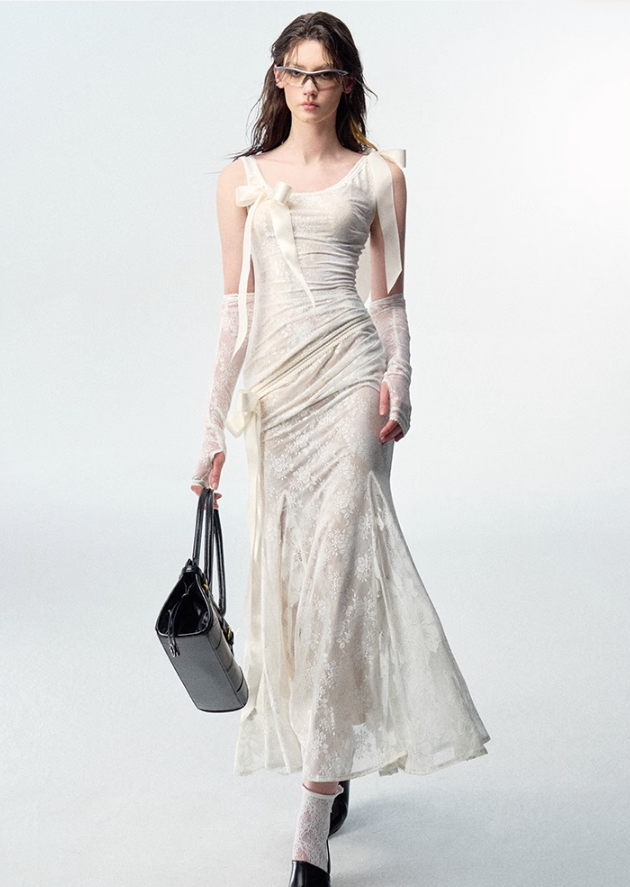 Detachable Bow Lace Spliced Suspender Dress - chiclara