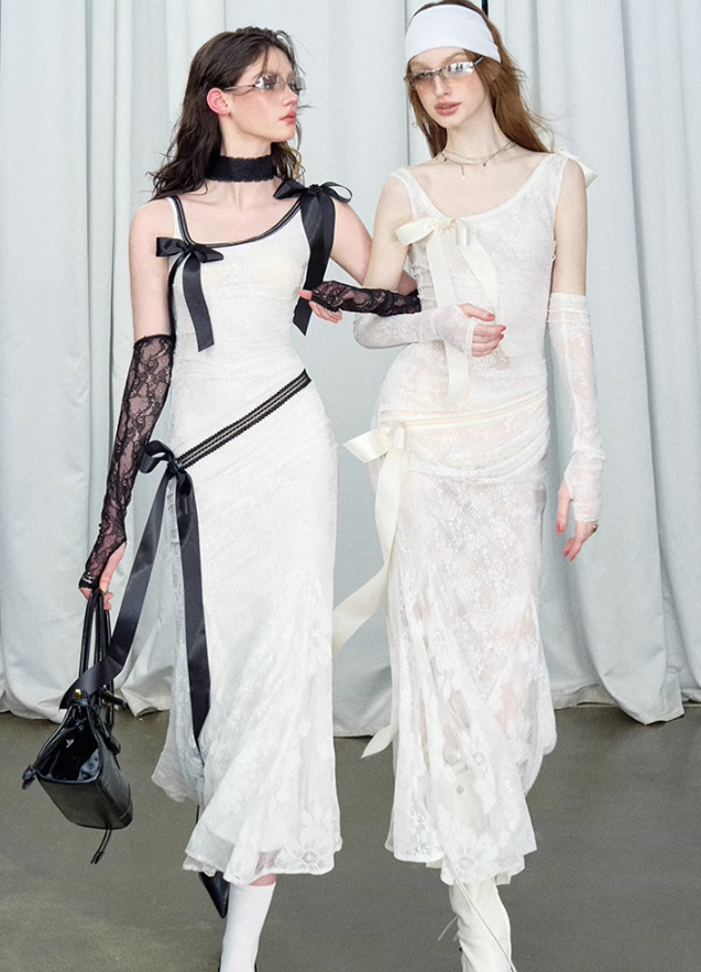 Detachable Bow Lace Spliced Suspender Dress - chiclara