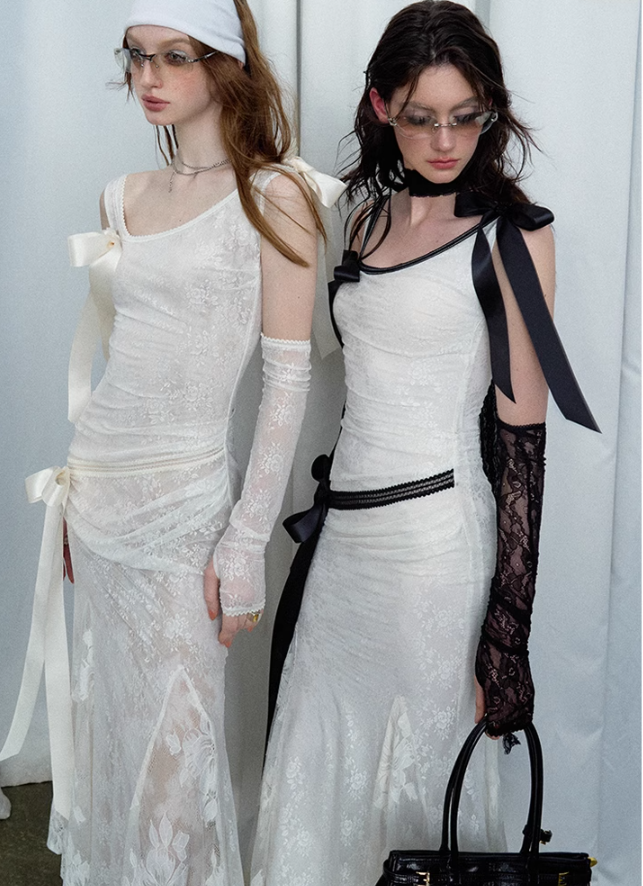 Detachable Bow Lace Spliced Suspender Dress - chiclara