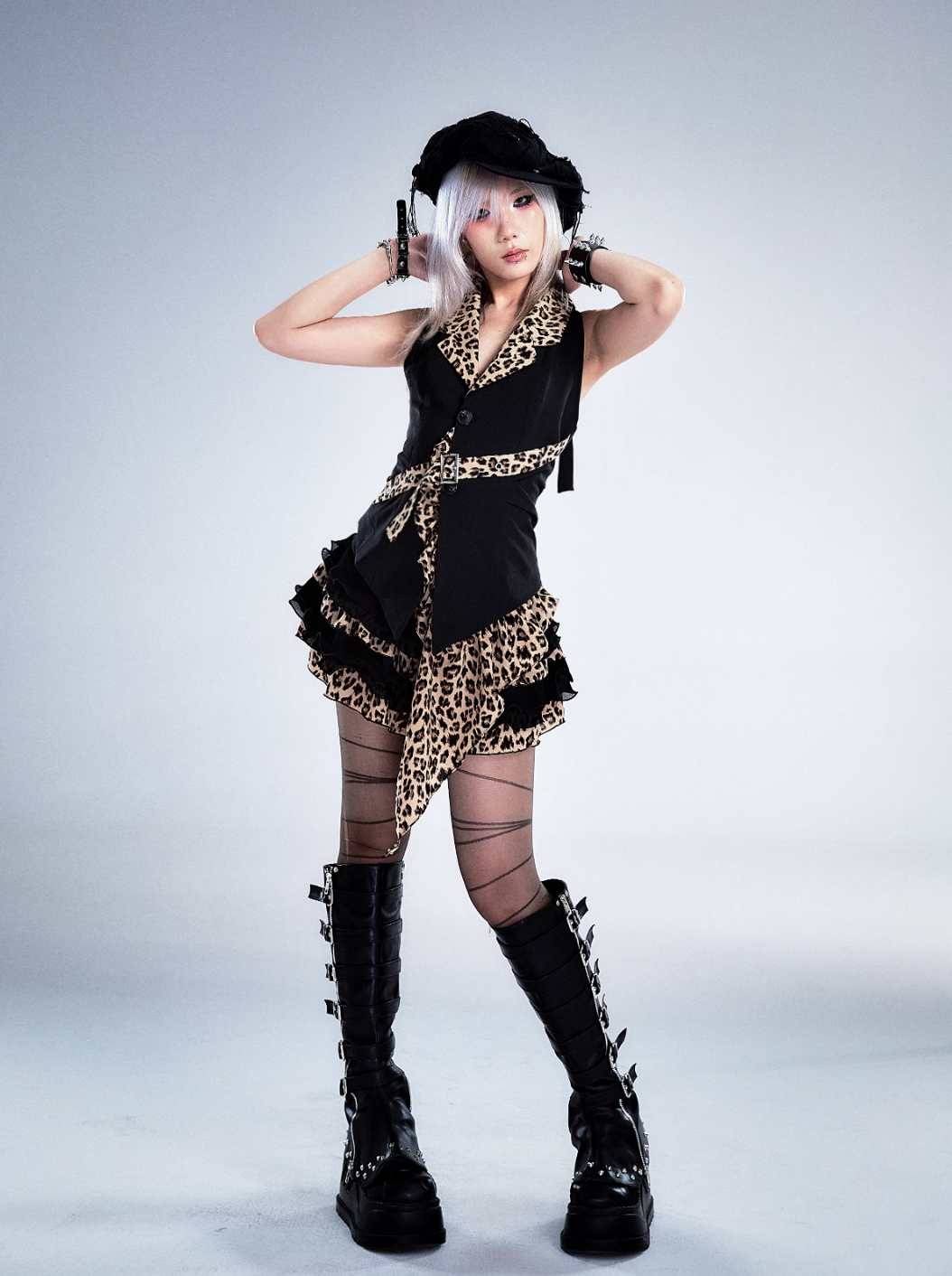Frustration Garden Gothic Punk Halter Vest - Black With Leopard Print Frustration Garden Gothic Punk Halter Vest - Black With Leopard Print