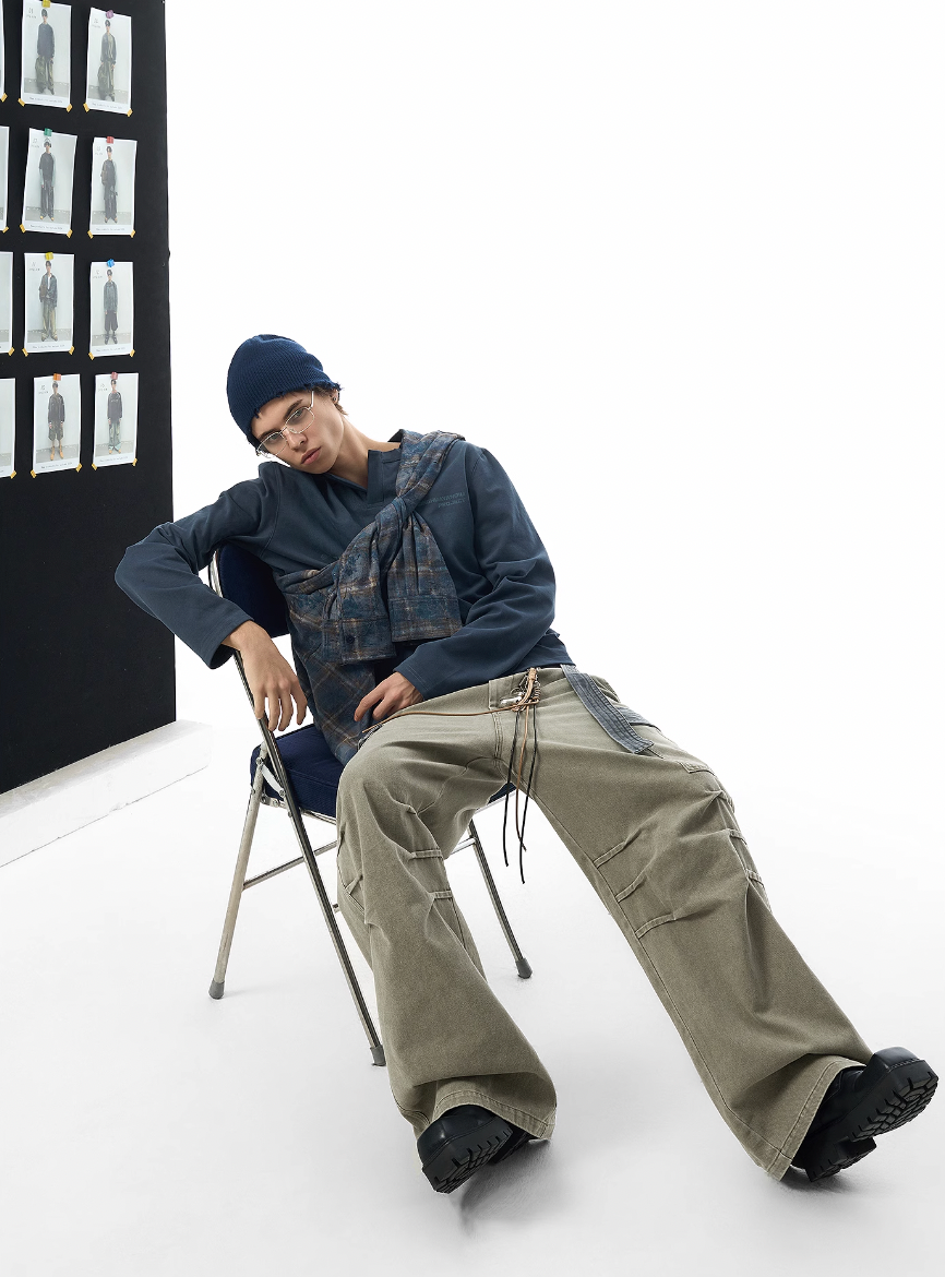 Jhyq contraste couleur pantalon de cargaison baggy plissé