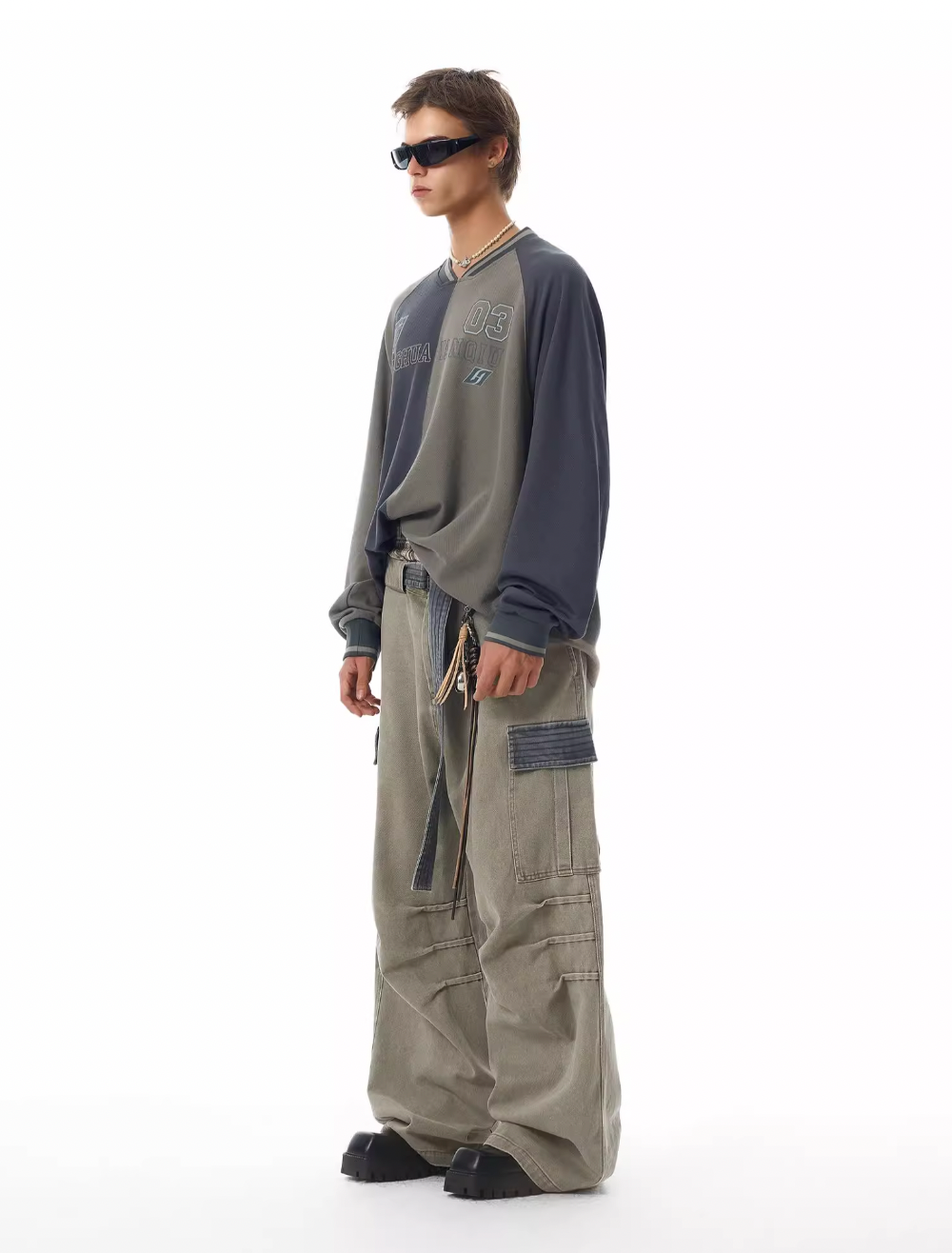 Jhyq contraste couleur pantalon de cargaison baggy plissé