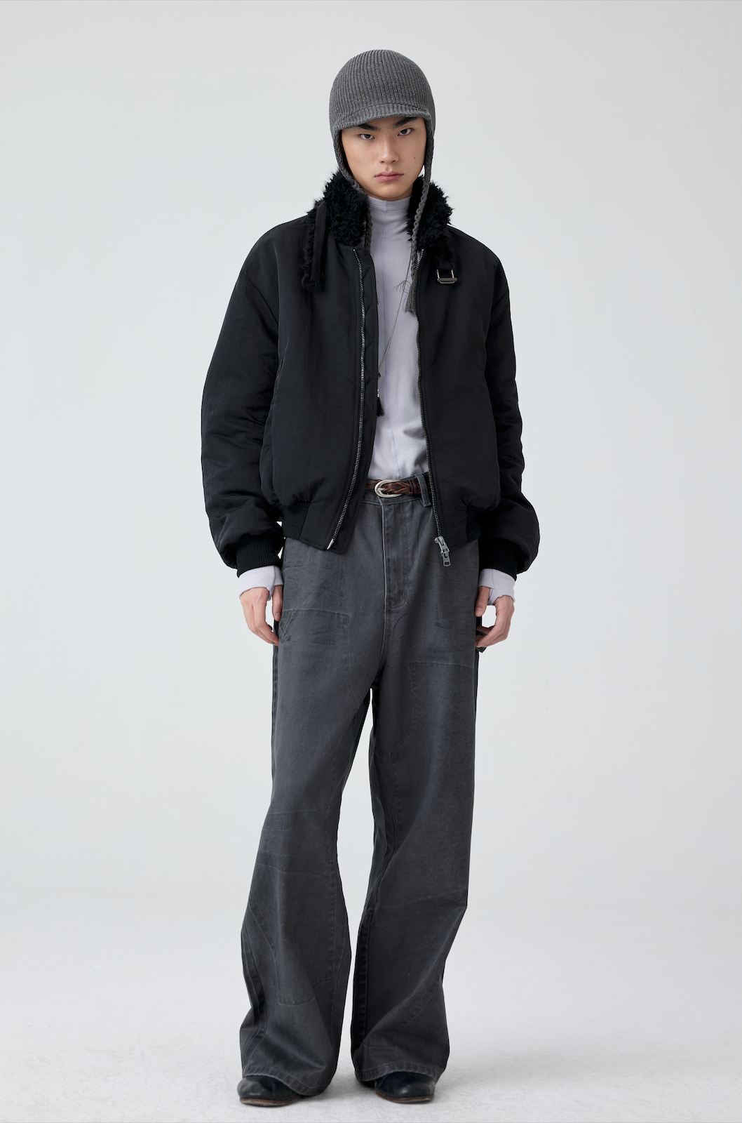 와이드 레그 패턴 워시드 데님 팬츠