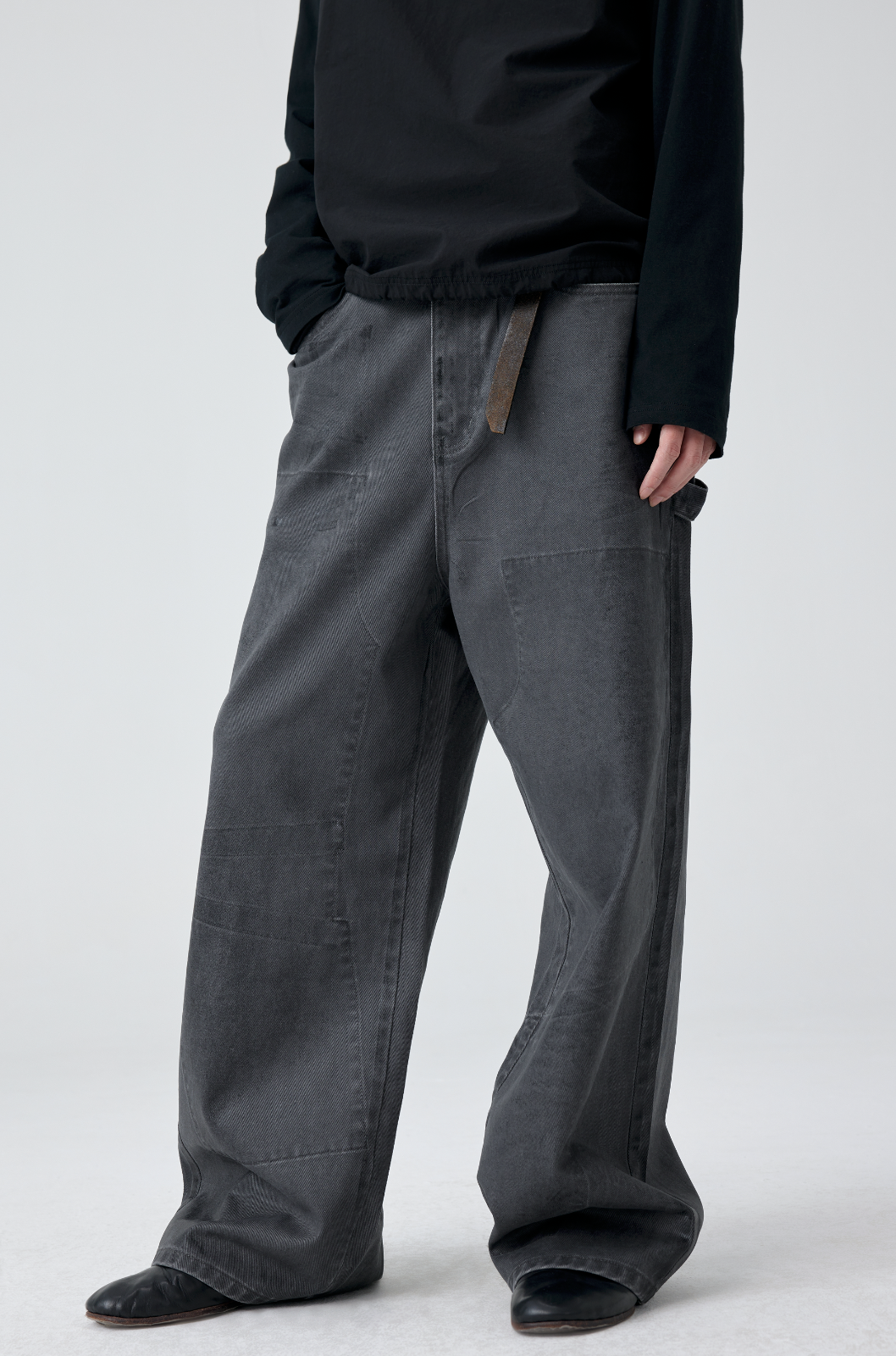 와이드 레그 패턴 워시드 데님 팬츠