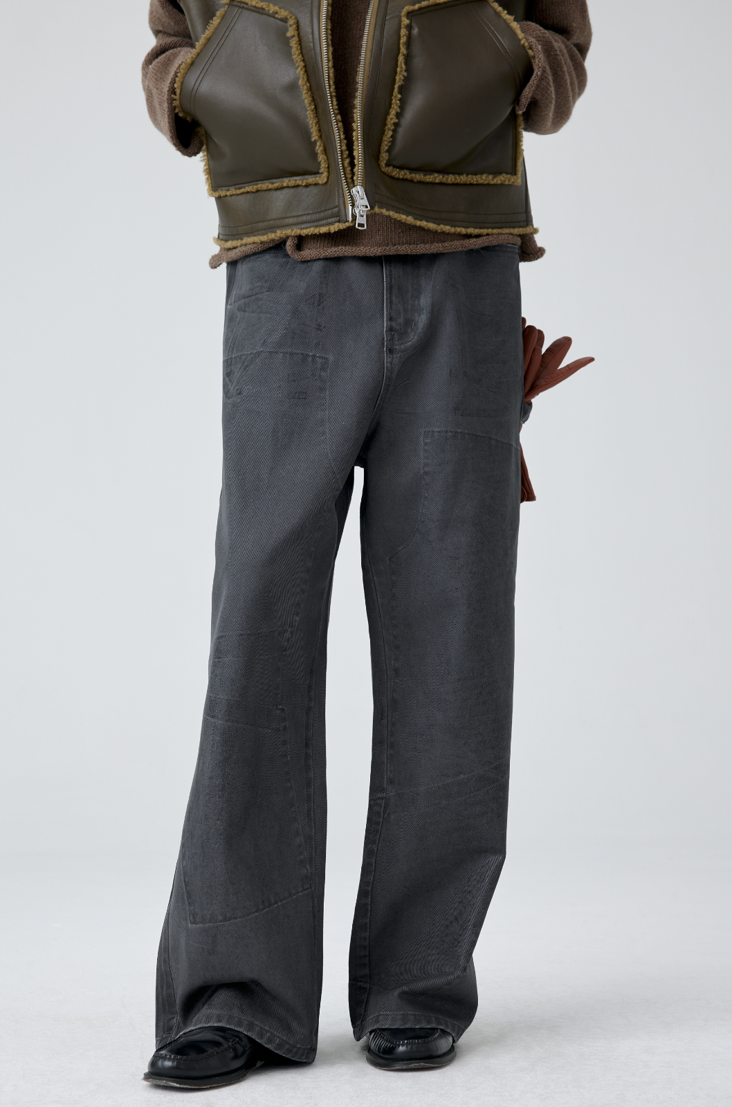 와이드 레그 패턴 워시드 데님 팬츠