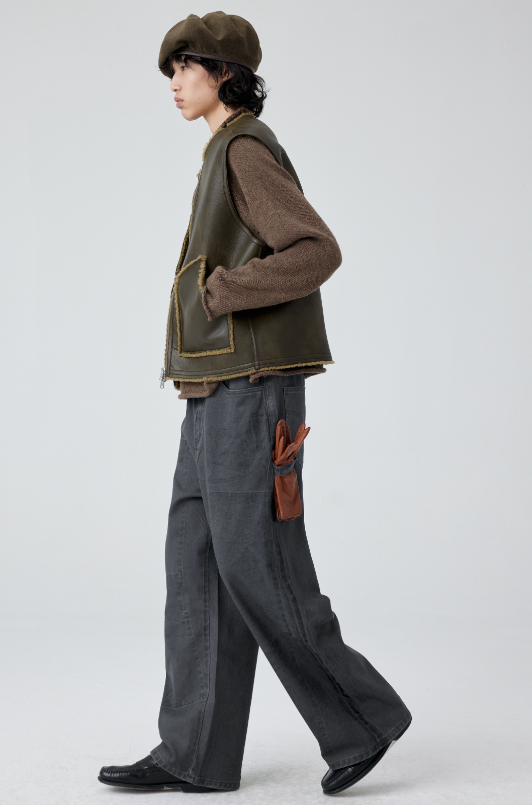 와이드 레그 패턴 워시드 데님 팬츠